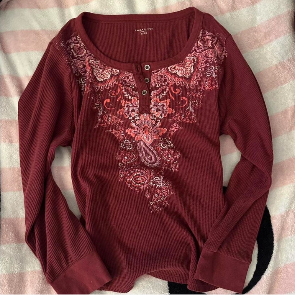Laura Scott Burgundy Embroidered Long Sleeve Top